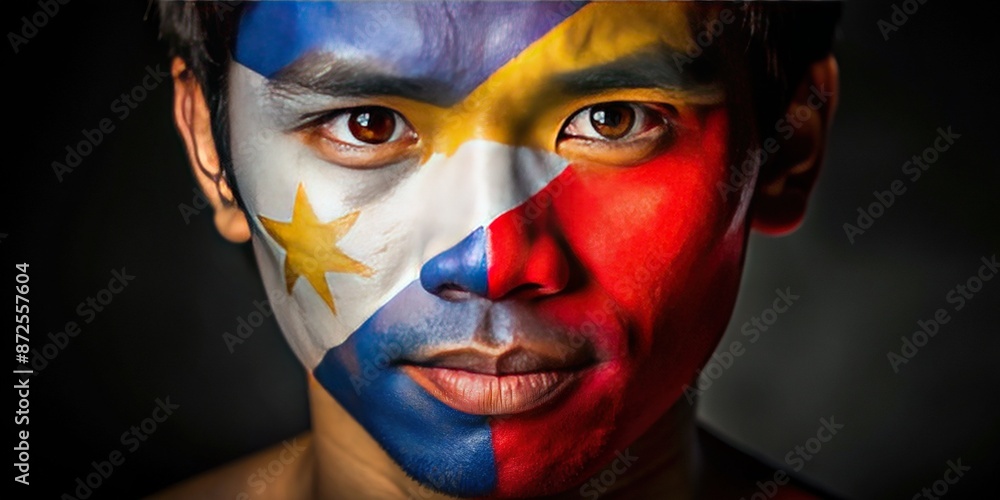 A solitary spotlight illuminates a young Filipino man's face, vibrantly painted with the Philippine flag, exuding pride and nationalistic fervor in a dramatic, isolated portrait. A solitary spotlight illuminates a young Filipino man's face, vibrantly painted with the Philippine flag, exuding pride and nationalistic fervor in a dramatic, isolated portrait.