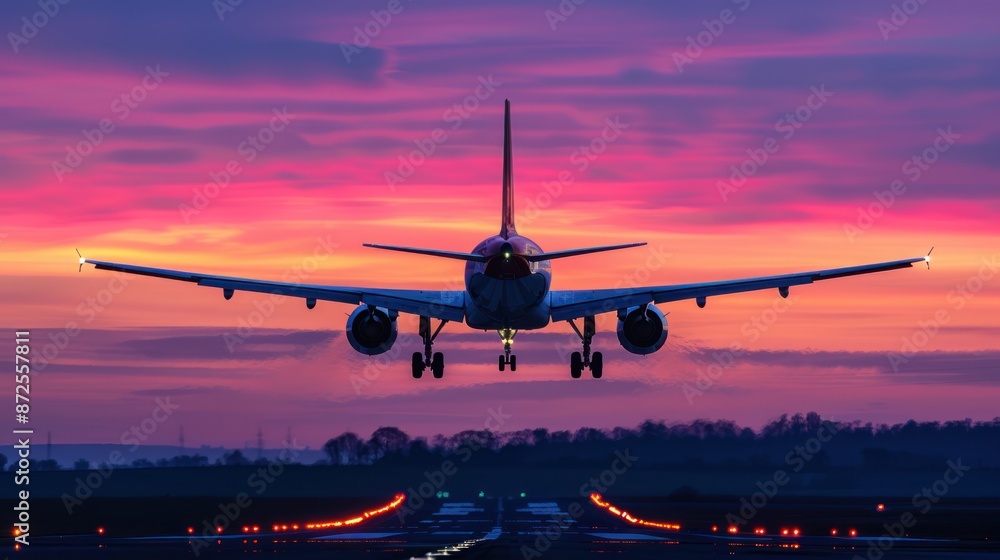Airplane landing at sunset on runway. Concepts. travel, aviation, transportation, departure, arrival Airplane landing at sunset on runway. Concepts. travel, aviation, transportation, departure, arrival