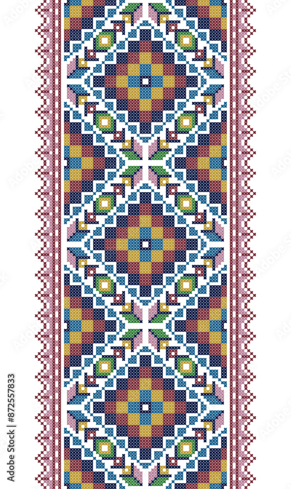 Symmetry geometric cross-stitch embroidery abstract seamless pattern. Design for handcraft, fabric, garments, decoration and other prints. Symmetry geometric cross-stitch embroidery abstract seamless pattern. Design for handcraft, fabric, garments, decoration and other prints.