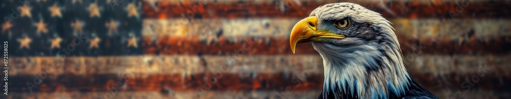 Obraz premium Bald Eagle Portrait Against Blurred American Flag Background