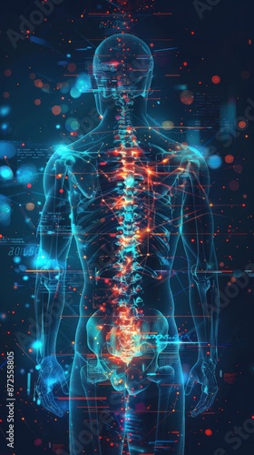 3D Illustration of Human Skeleton with Spine Highlighted. Medical Technology and Healthcare Concept