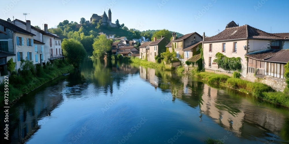 Serene River Passing Through Charming Village with Historic Stone Houses and Castle. Concept Riverside, Charming Village, Stone Houses, Historic Castle Serene River Passing Through Charming Village with Historic Stone Houses and Castle. Concept Riverside, Charming Village, Stone Houses, Historic Castle