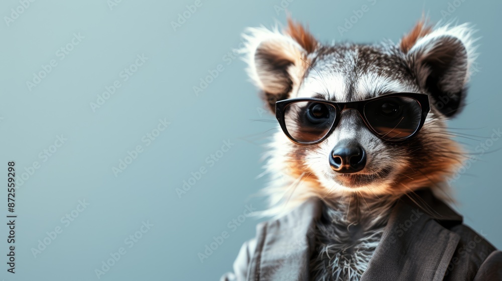 A raccoon wearing sunglasses and a jacket looks directly at the camera with a sly smile. A raccoon wearing sunglasses and a jacket looks directly at the camera with a sly smile.