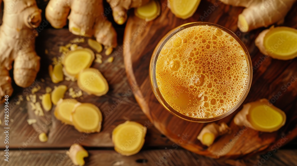 Close up of popular ginger drink on wooden surface in a transparent glass with entire raw ingredients. Top shot. Close up of popular ginger drink on wooden surface in a transparent glass with entire raw ingredients. Top shot.