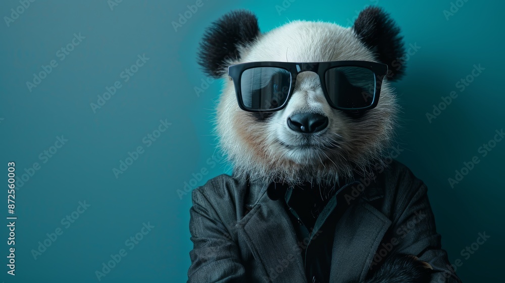 A cool panda wearing sunglasses and a leather jacket, posing against a blue background. A cool panda wearing sunglasses and a leather jacket, posing against a blue background.