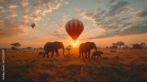 A hot air balloon safari over the African savanna at sunrise, with wildlife such as elephants and giraffes roaming below, providing a unique perspective of the natural beauty and wildlife of Africa 