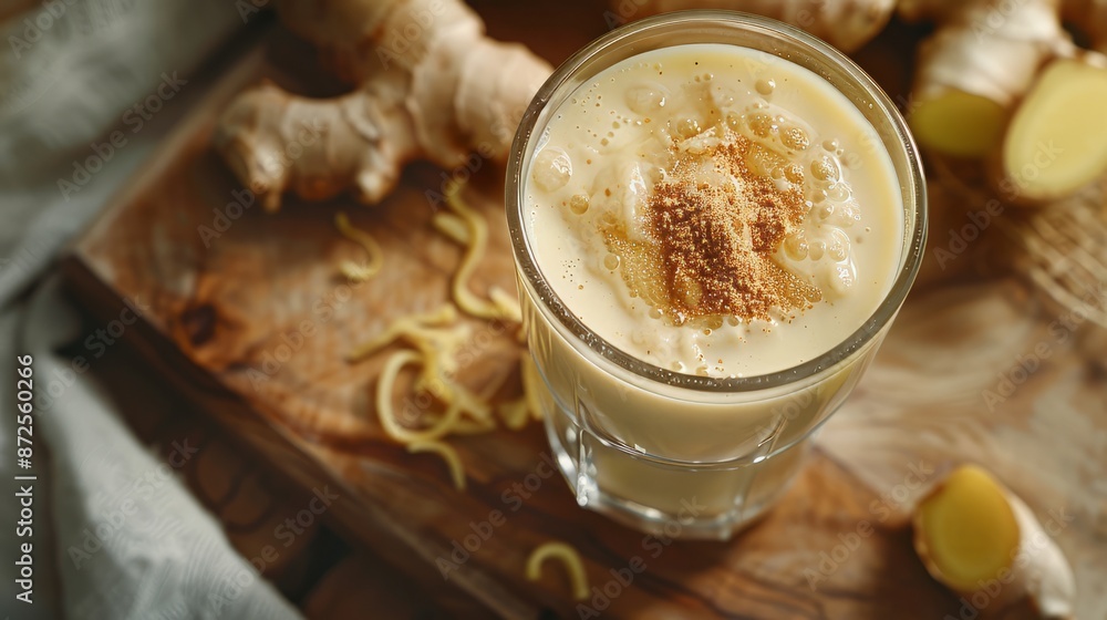 Close up of popular ginger drink on wooden surface in a transparent glass with entire raw ingredients. Top shot. Close up of popular ginger drink on wooden surface in a transparent glass with entire raw ingredients. Top shot.