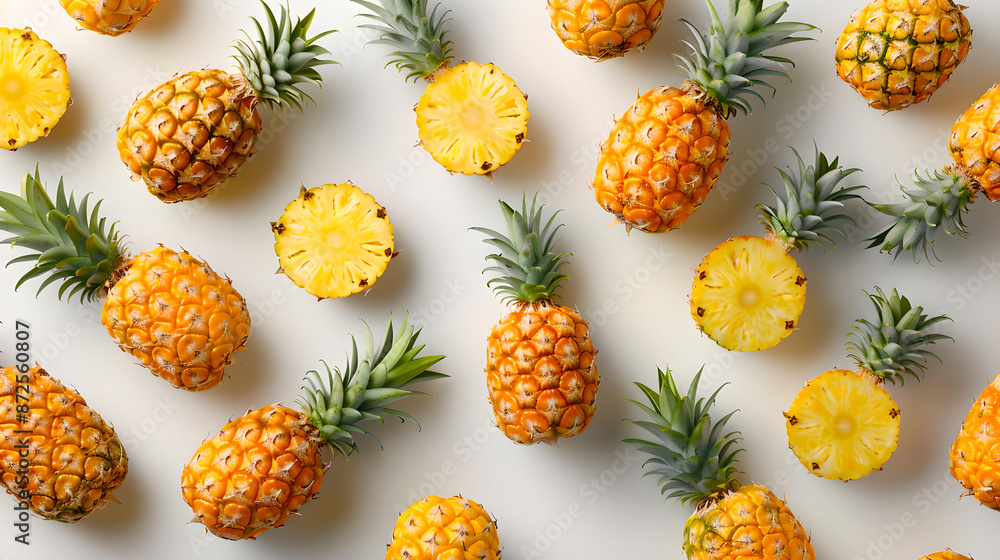 A collection of pineapples, arranged tightly together on a crisp white background. The pineapples are captured in high resolution (8k) with sharp focus, highlighting their spiky skin and golden flesh.