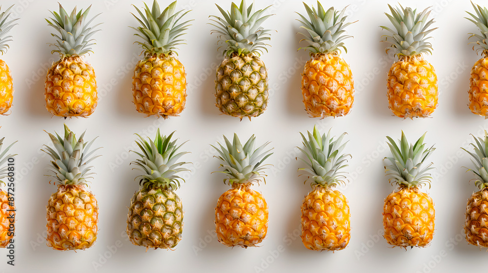 A collection of pineapples, arranged tightly together on a crisp white background. The pineapples are captured in high resolution (8k) with sharp focus, highlighting their spiky skin and golden flesh. A collection of pineapples, arranged tightly together on a crisp white background. The pineapples are captured in high resolution (8k) with sharp focus, highlighting their spiky skin and golden flesh.