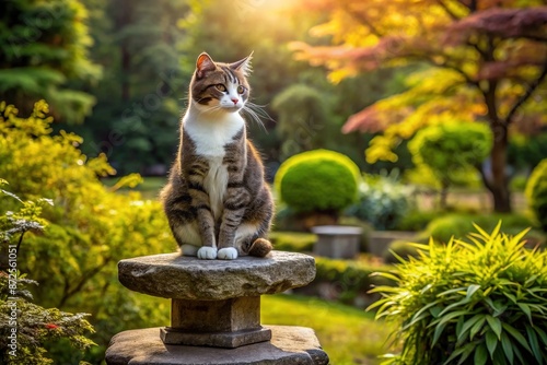 A contemplative cat sits cross-legged like a ninja on a stone pedestal amidst lush greenery, fostering a serene and peaceful atmosphere in the tranquil garden. photo