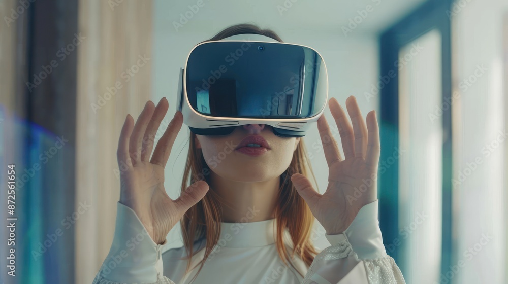 Woman immersed in virtual reality using VR headset, exploring digital world. Concept of metaverse, gaming, and technology Woman immersed in virtual reality using VR headset, exploring digital world. Concept of metaverse, gaming, and technology