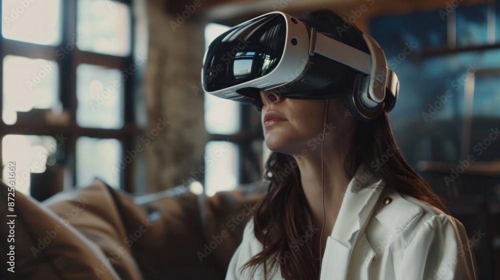 Woman Immersed in Virtual Reality Experience with Headset Woman Immersed in Virtual Reality Experience with Headset