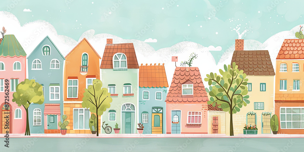 colorful cartoon illustration of a row of houses, generative AI colorful cartoon illustration of a row of houses, generative AI