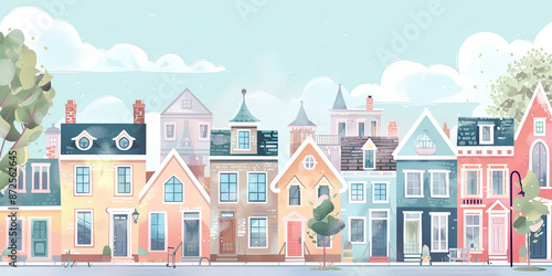 colorful cartoon illustration of a row of houses, generative AI