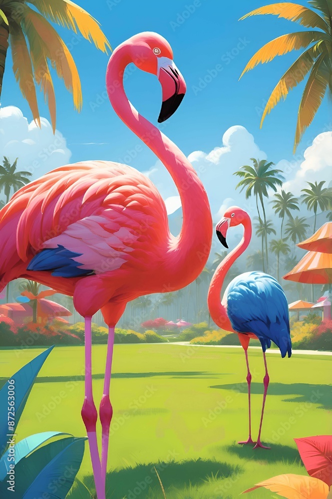 Obraz premium Flamingos birds standing under Palm Trees in the Rainy season cloud.