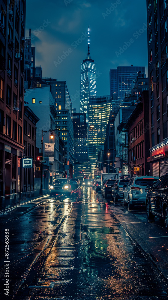 Obraz premium Nighttime Reflections in a Modern Urban Cityscape