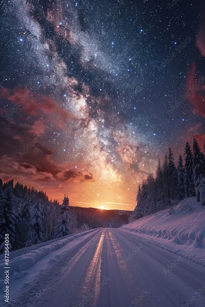Naklejka premium Enchanting Winter Night in Lapland: A Serene Road Leading to the Horizon Under a Starry Milky Way Sky and Snow-Covered Forest