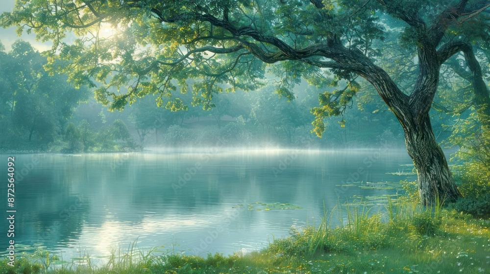 Fototapeta premium A tree is reflected in the water of a lake