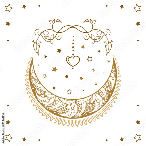 Bohemian Moon Star Mandala with floral details, ideal for astrology spiritual inspiration. Vector illustration.