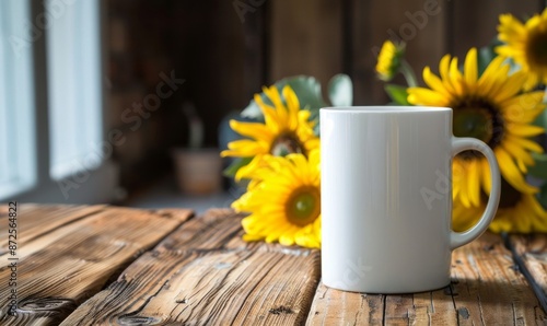 A white glass sits on a rustic wooden table, with a sunflower backdrop. This atmosphere gives off a sense of calm and rustic charm.