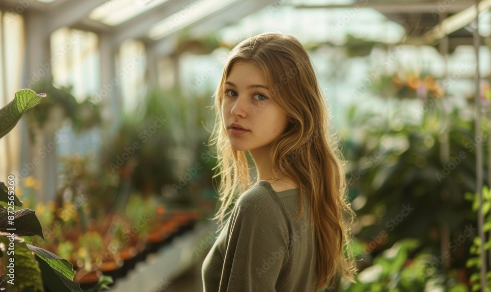 A young woman stands amidst green trees in a glasshouse. A young woman stands amidst green trees in a glasshouse.