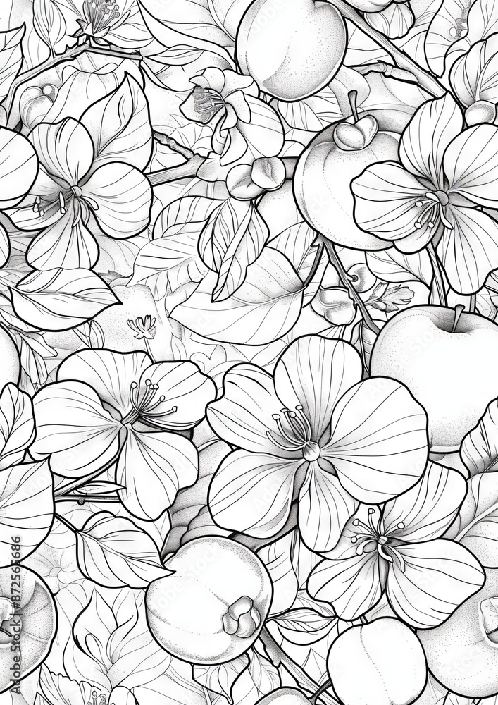 Obraz premium Detailed black and white line drawing of apple blossoms, leaves, and apples