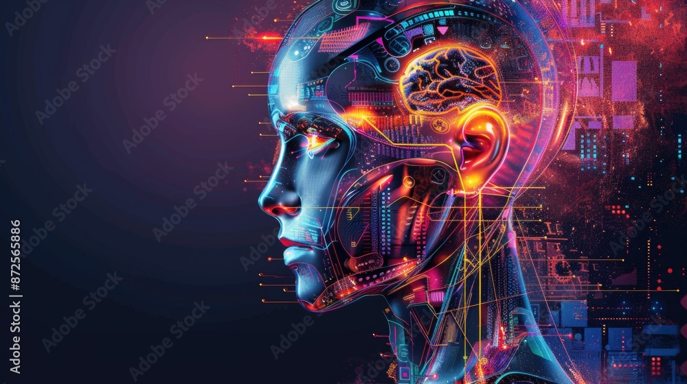 Side view of a humanoid head with blue and yellow eyes and vibrant neon neural network, representing futuristic technology and artificial intelligence Side view of a humanoid head with blue and yellow eyes and vibrant neon neural network, representing futuristic technology and artificial intelligence