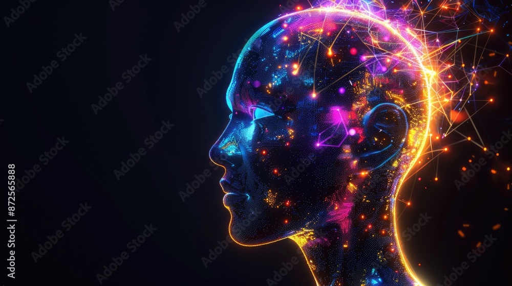 Side view of a humanoid head with blue and yellow eyes and vibrant neon neural network, representing futuristic technology and artificial intelligence Side view of a humanoid head with blue and yellow eyes and vibrant neon neural network, representing futuristic technology and artificial intelligence