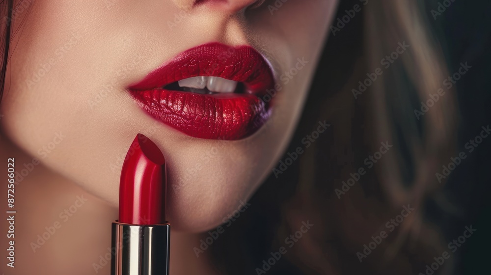 Obraz premium Close-up of a woman's lips with red lipstick. Concept of beauty, cosmetics, makeup, and glamour.