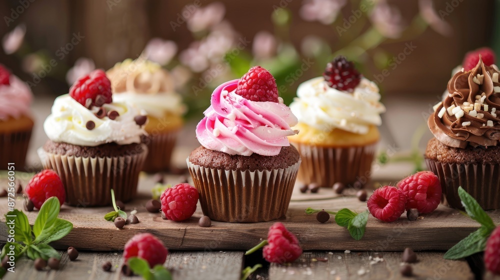 Delicious Cupcakes with Raspberries on Rustic Wooden Table Delicious Cupcakes with Raspberries on Rustic Wooden Table
