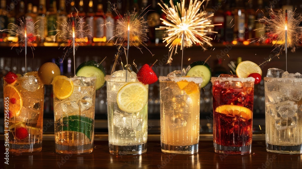 A row of drinks with a lit sparkler on top A row of drinks with a lit sparkler on top