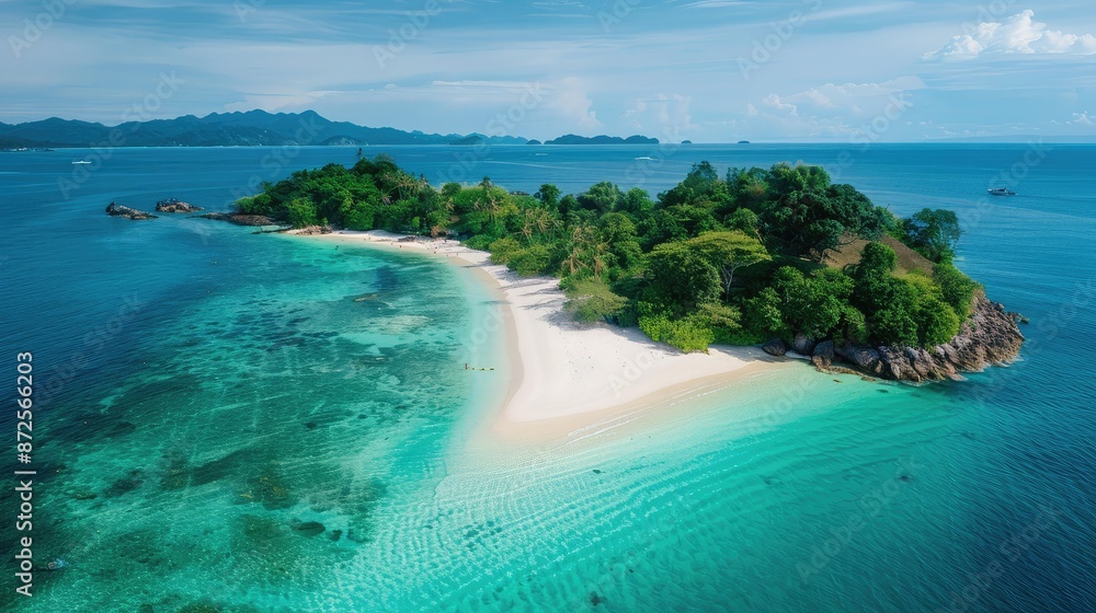 A tropical island paradise with white sand beaches and clear blue water A tropical island paradise with white sand beaches and clear blue water