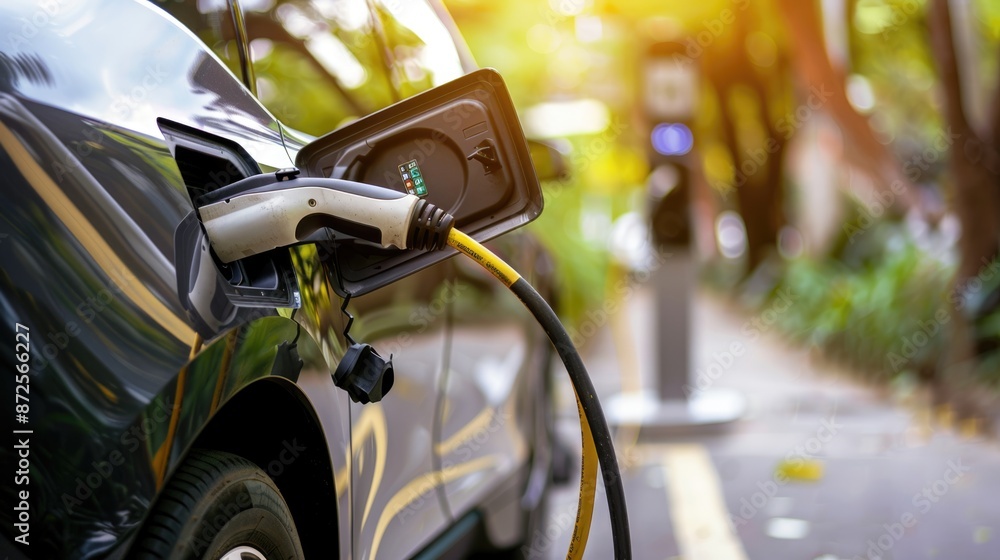 Power supply connected to electric vehicle charge battery. EV charging station for electric car or Plug-in hybrid car. Automotive innovation and technology concepts Power supply connected to electric vehicle charge battery. EV charging station for electric car or Plug-in hybrid car. Automotive innovation and technology concepts