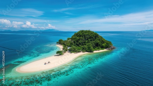 A tropical island paradise with white sand beaches and clear blue water