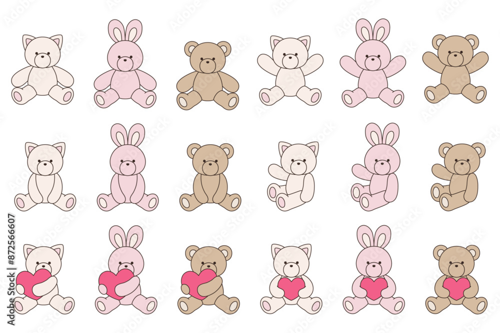 Obraz premium かわいいくまとうさぎとねこのぬいぐるみのベクターイラスト アイコン セット ハート 動物