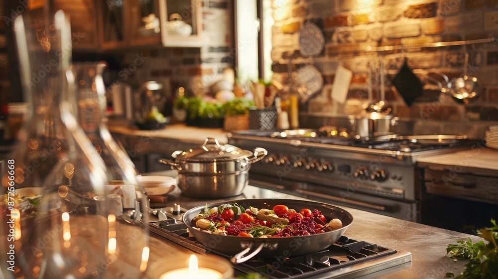 Fototapeta premium A warm and inviting kitchen with delicious food being prepared, symbolizing the joy of cooking