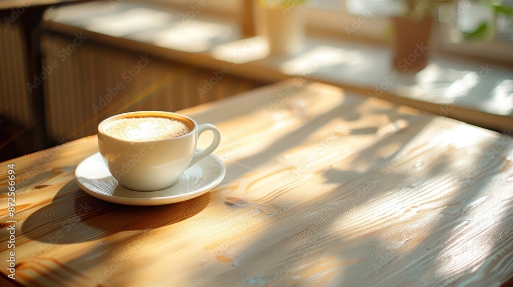 A white coffee cup sits on a wooden table with a wooden background A white coffee cup sits on a wooden table with a wooden background