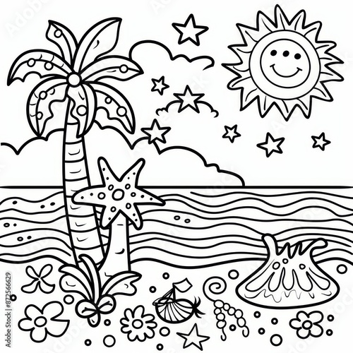 A cheerful sun smiles down on a sandy beach lined with palm trees and a starfish, with waves lapping at the shore and a variety of flowers and seashells scattered around