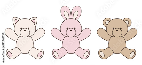 かわいいくまとうさぎとねこのぬいぐるみのベクターイラスト　アイコン　セット　動物