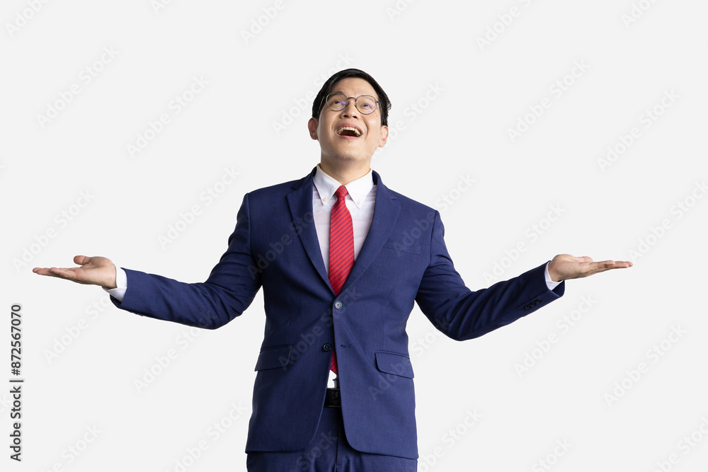 Businessman happy to receive money falling from above isolated on white. Business man gesture happy success wealth income incoming. Businessman happy to receive money falling from above isolated on white. Business man gesture happy success wealth income incoming.