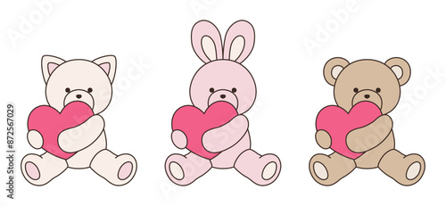 かわいいくまとうさぎとねこのぬいぐるみのベクターイラスト　アイコン　セット　ハート　動物