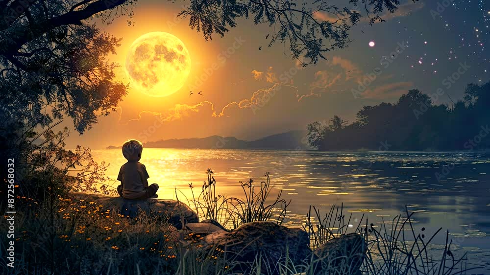 Riverside Reverie: A Child Spellbound by the Lunar Luminance. Seamless looping time-lapse virtual 4k video animation background Riverside Reverie: A Child Spellbound by the Lunar Luminance. Seamless looping time-lapse virtual 4k video animation background