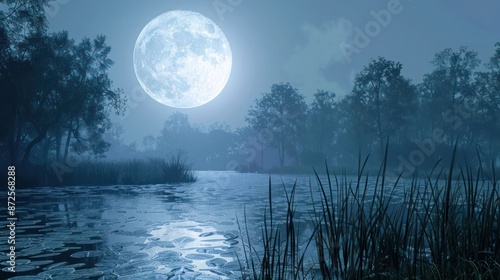 Fototapeta Naklejka Na Ścianę i Meble -  A large moon is reflected in the water of a lake