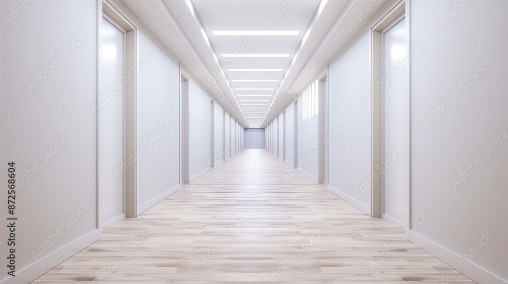 A clean and empty school corridor with white walls and light wooden flooring