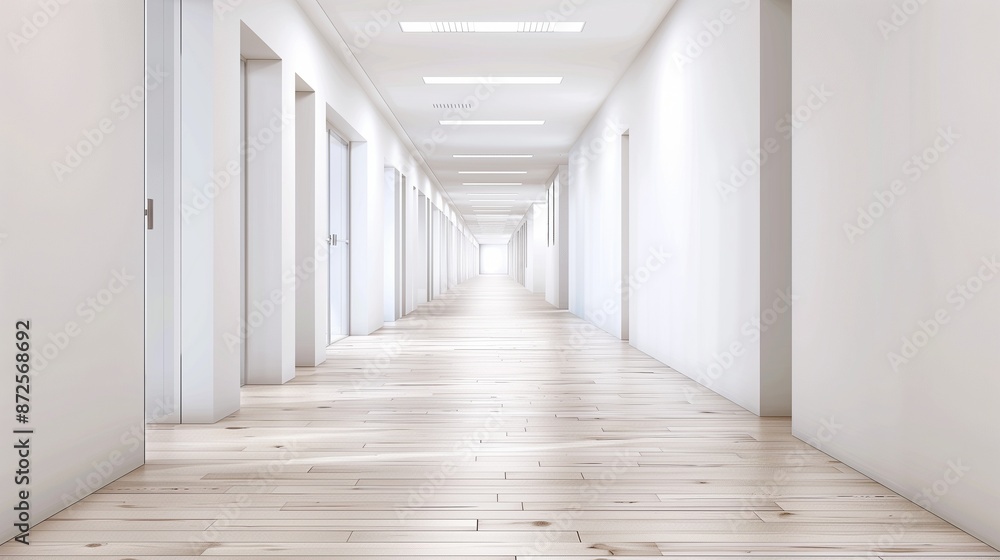 Fototapeta premium A clean and empty school corridor with white walls and light wooden flooring