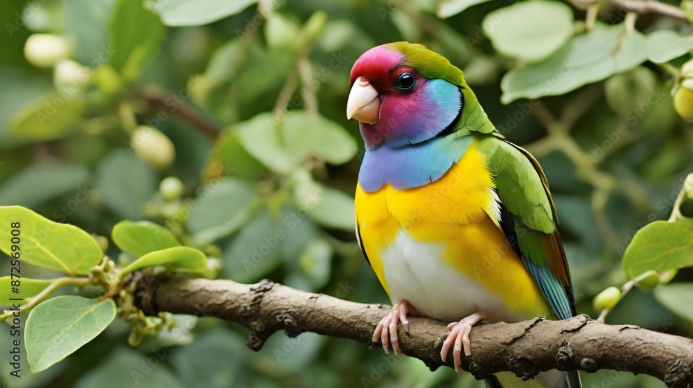 A Gouldian finch is perched on a tree branch with lots of green leaves, contrasting with the color of its wings A Gouldian finch is perched on a tree branch with lots of green leaves, contrasting with the color of its wings