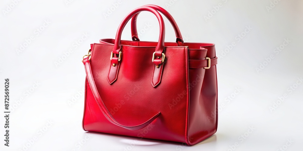 Vibrant red leather tote bag with gold hardware and sleek design lines sits solo on a pristine white background, awaiting its next adventure. Vibrant red leather tote bag with gold hardware and sleek design lines sits solo on a pristine white background, awaiting its next adventure.
