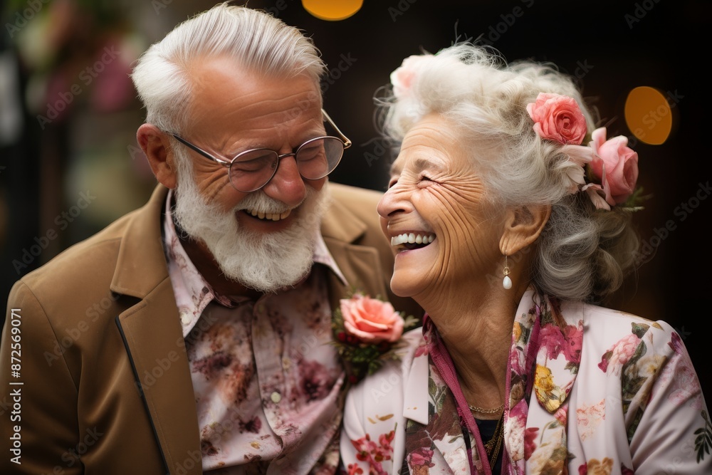 Joyful retired elderly couple sharing a laugh, embracing the beauty of their golden years Joyful retired elderly couple sharing a laugh, embracing the beauty of their golden years