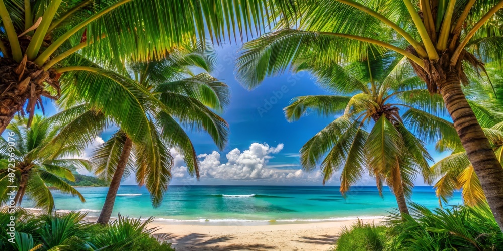 Fototapeta premium Tropical Beach Paradise Through Palm Trees - Seychelles