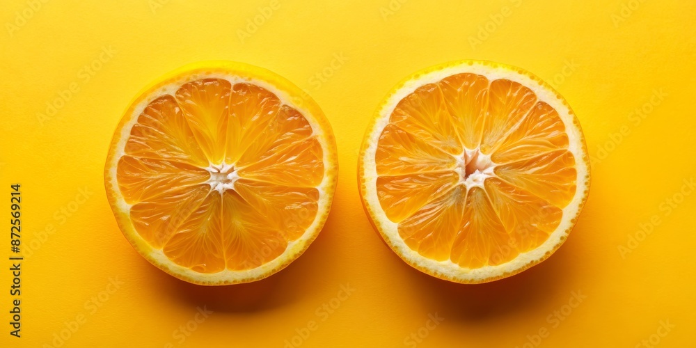 Fototapeta premium Two Orange Slices on Yellow Background - Fresh Fruit, Citrus, Vitamins, Healthy, Food
